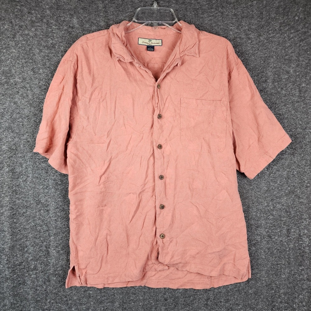 Tommy Bahama Silk Button Front Shirt Mens Large Short Sleeve Floral Wood Button